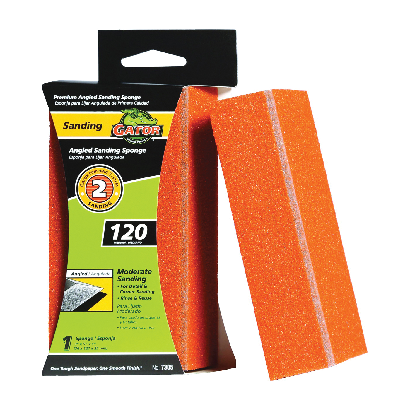 7305 Sanding Sponge, 5 in L, 3 in W, 120 Grit, Fine, Aluminum Oxide Abrasive