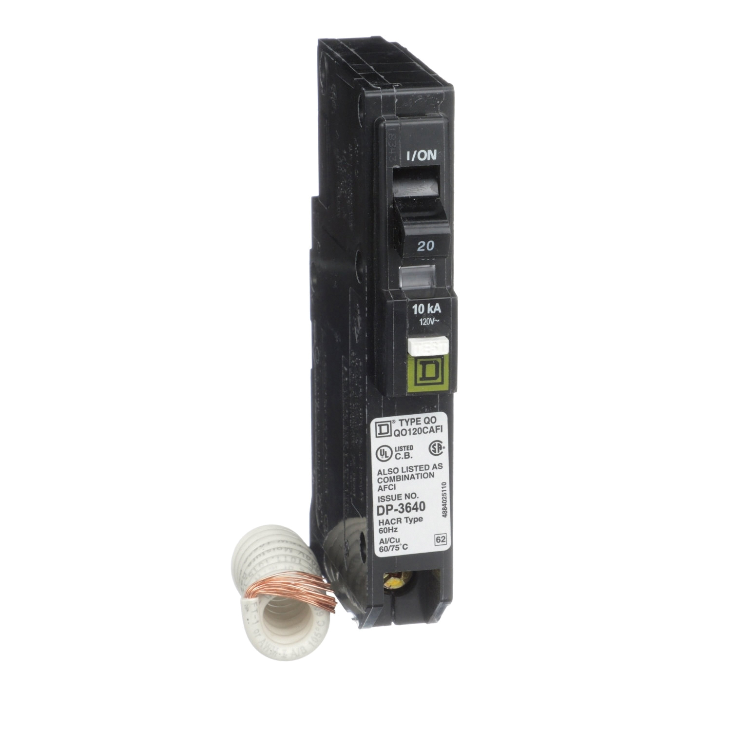 QO QO120CAFIC Circuit Breaker, AFCI, 20 Amp, 1 -Pole, 120/240 V, Fixed Trip, Plug Mounting