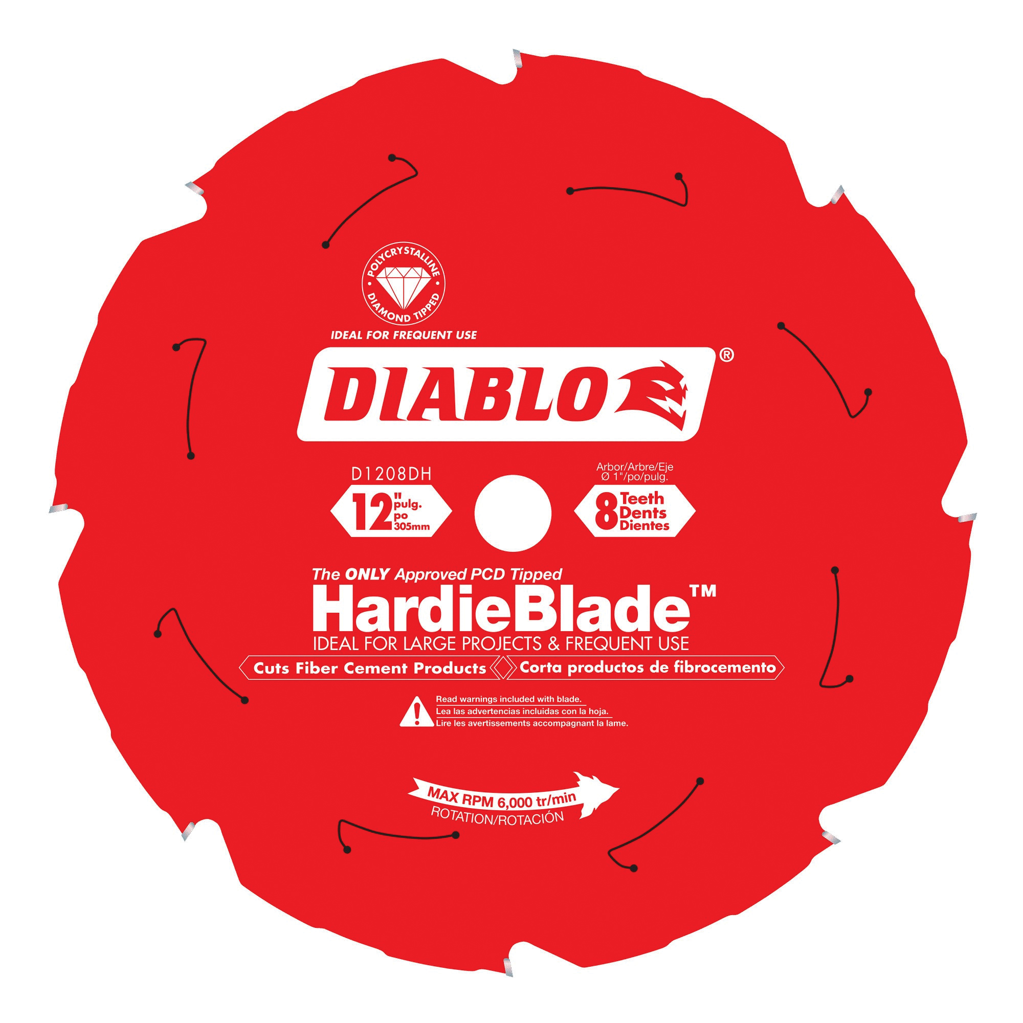 D1208DH Circular Saw Blade, Cement, 12 in Dia, 1 in Arbor, 8-Teeth, Polycrystalline Cutting Edge