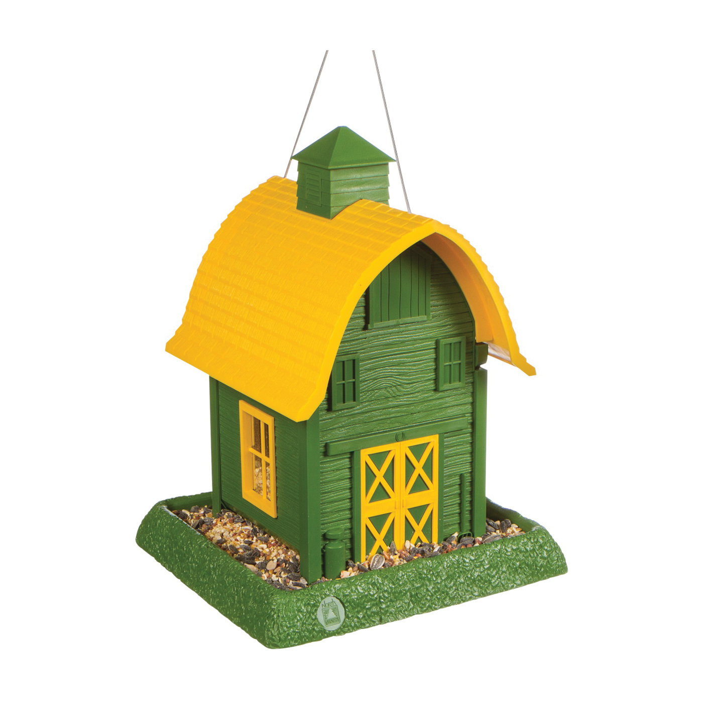 9096 Hopper Bird Feeder, Barn, 5 lb, Plastic, Green/Yellow, 13-1/4 in H, Hanging, Pole