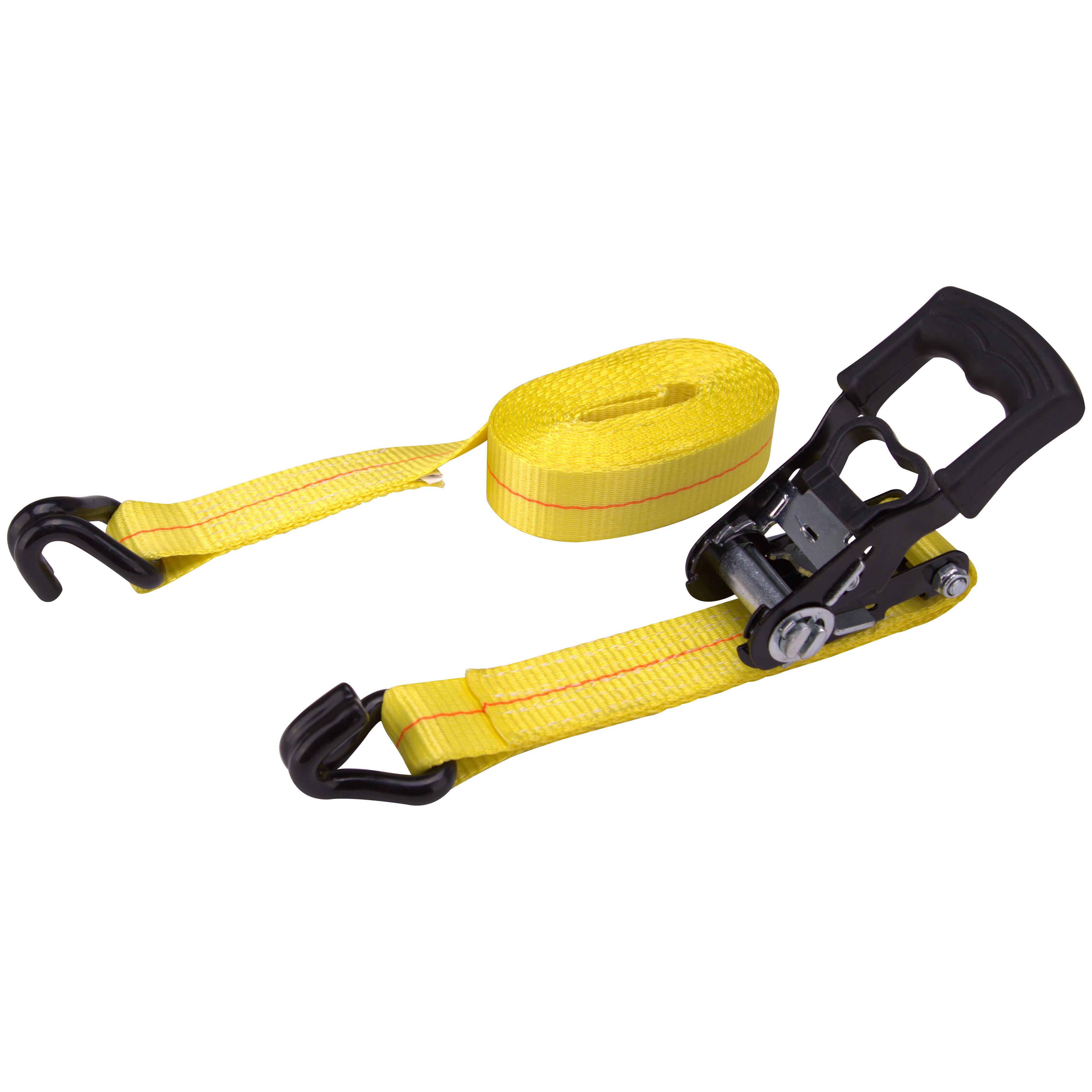 FH64071 Tie-Down, 1-1/2 in W, 15 ft L, Metal/Polyester, Yellow, 1666 lb, Double J-Hook End Fitting