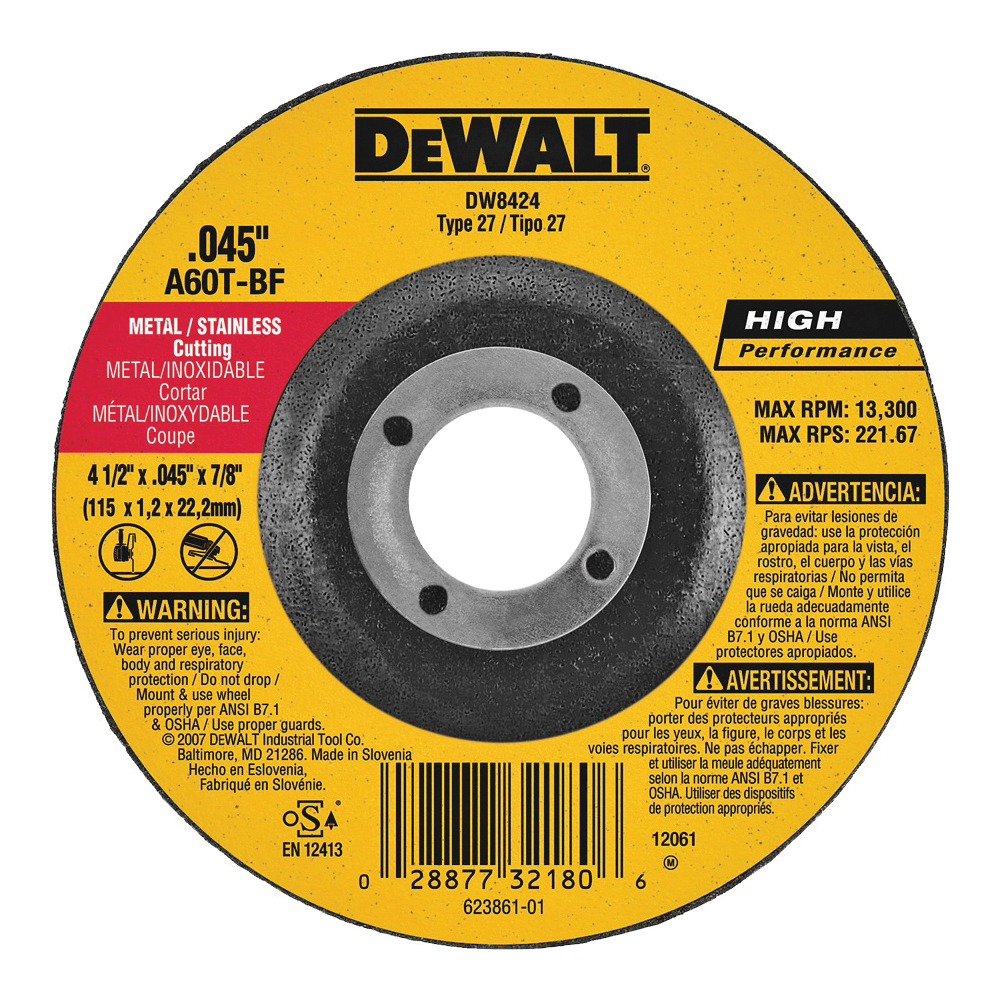 DW8424 Cutting Wheel, 4-1/2 in Dia, 0.045 in Thick, 7/8 in Arbor, 60 Grit, Medium, Aluminum Oxide Abrasive