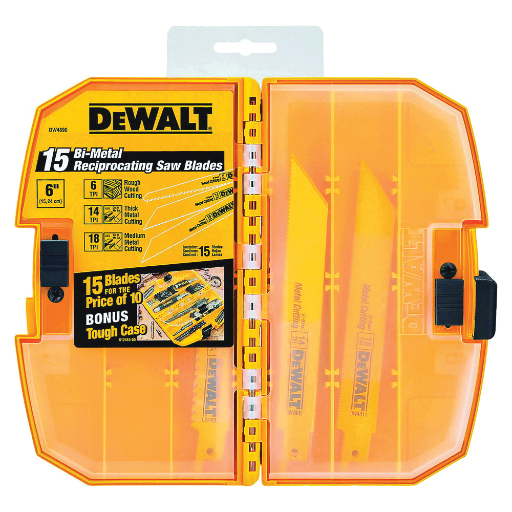 DW4890 Reciprocating Saw Blade Set, 15-Piece, Bi-Metal, Yellow