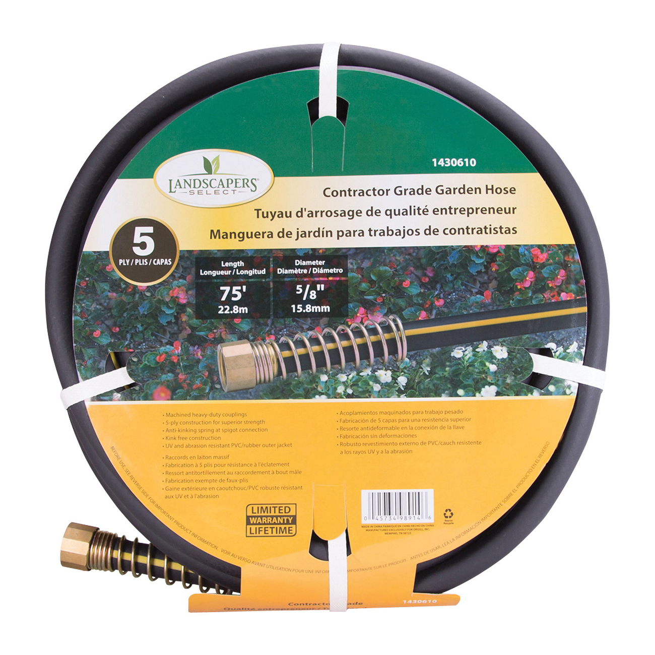 GH-585093L Garden Hose, 5/8 in, 75 ft L, Rubber/Vinyl, Black/Yellow