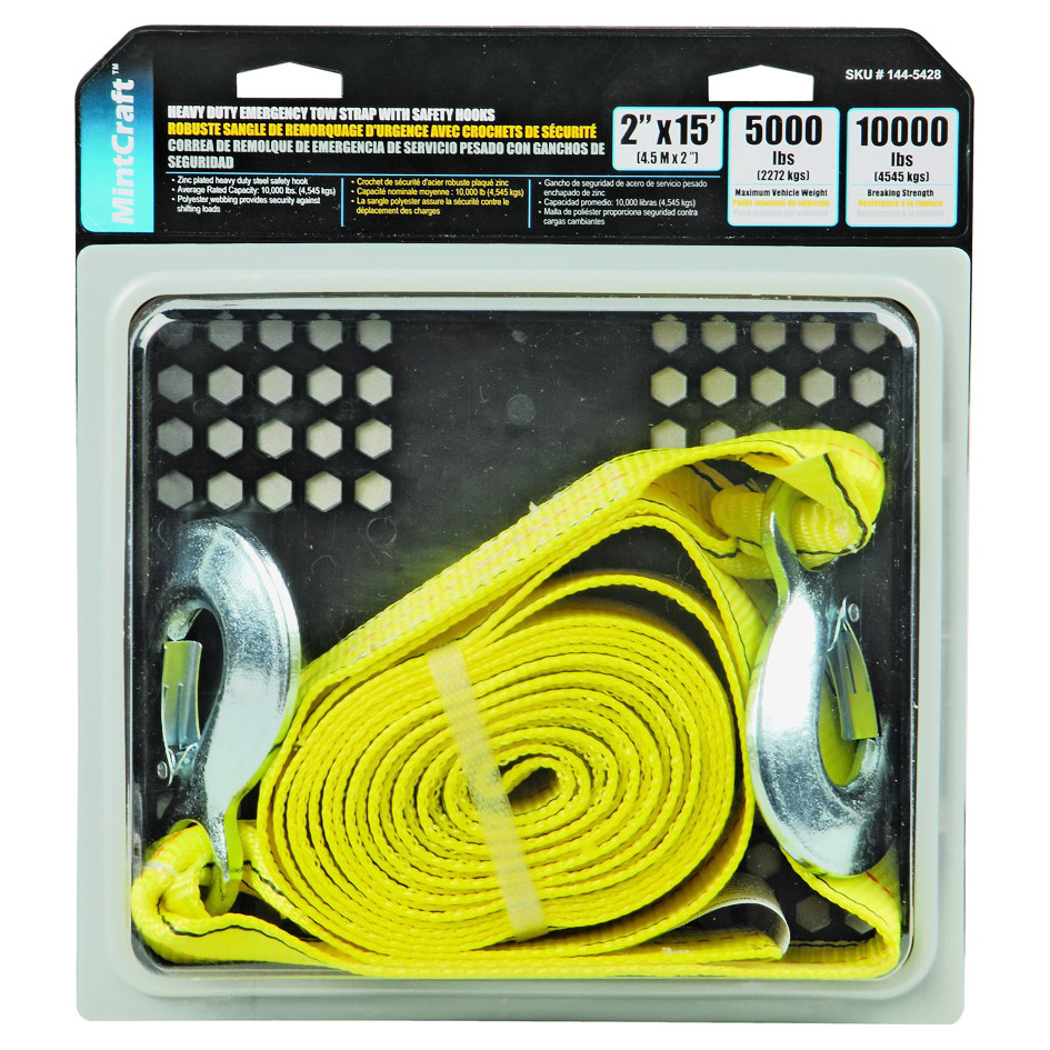 FH64061 Emergency Tow Strap, 10,000 lb, 2 in W, 15 ft L, Hook End, Polyester/Steel, Yellow