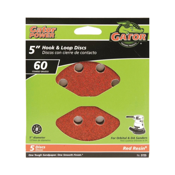 3725 Sanding Disc, 5 in Dia, 60 Grit, Coarse, Aluminum Oxide Abrasive, Vented
