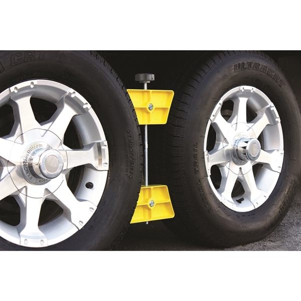 Camco 44622 Wheel Stop Chock, Plastic, Yellow, For: 26 to 30 in Dia Tires with Spacing of 3-1/2 to 5-1/2 in - 1