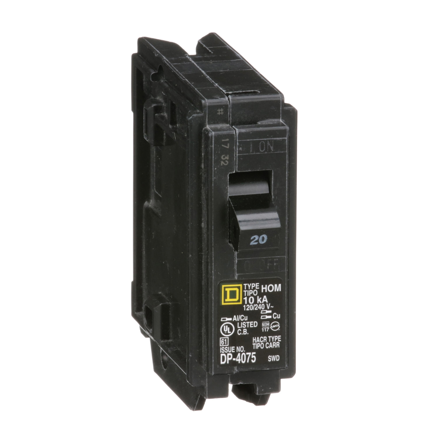 Homeline HOM120C Miniature Circuit Breaker, Standard, 20 A, 1-Pole, 120 V, Plug Mounting, Black