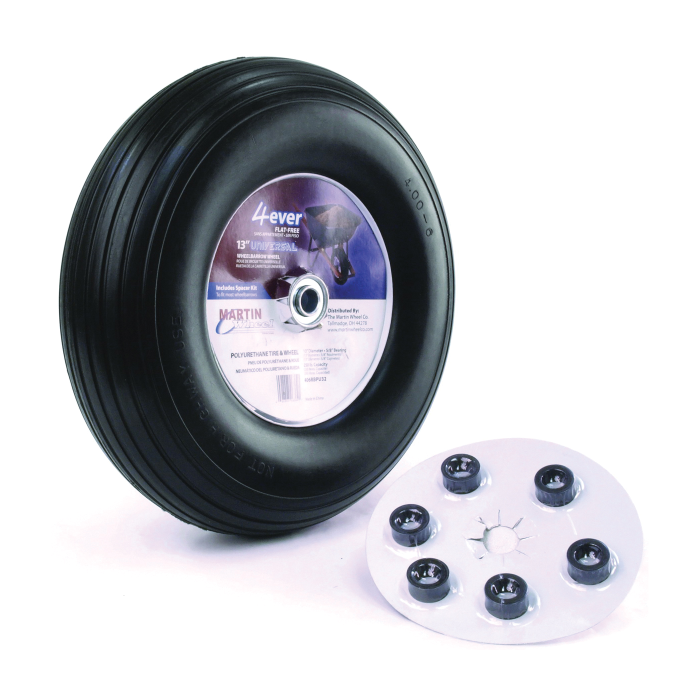 406RBPU32 Wheelbarrow Wheel with Universal Hub, 4 x 6 in Tire, 13 in Dia Tire, Ribbed Tread