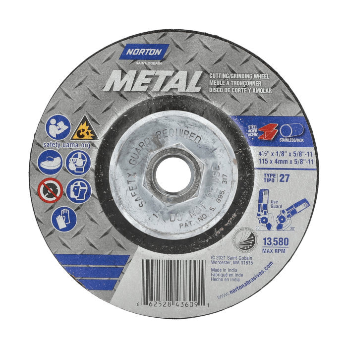 66252843609 Grinding Wheel, 4-1/2 in Dia, 1/8 in Thick, 5/8-11 Arbor, 24 Grit, Extra Coarse