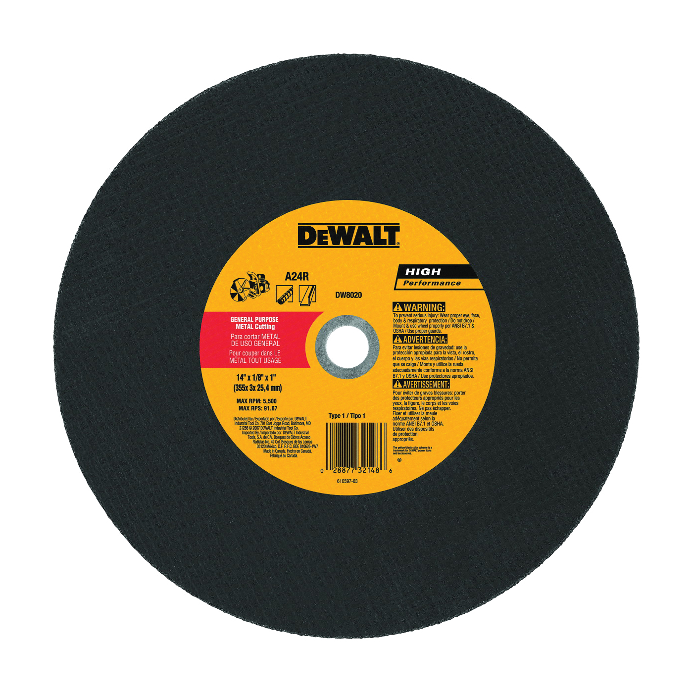 DW8020 Cutting Wheel, 14 in Dia, 1/8 in Thick, 1 in Arbor, A24R Grit, Aluminum Oxide Abrasive