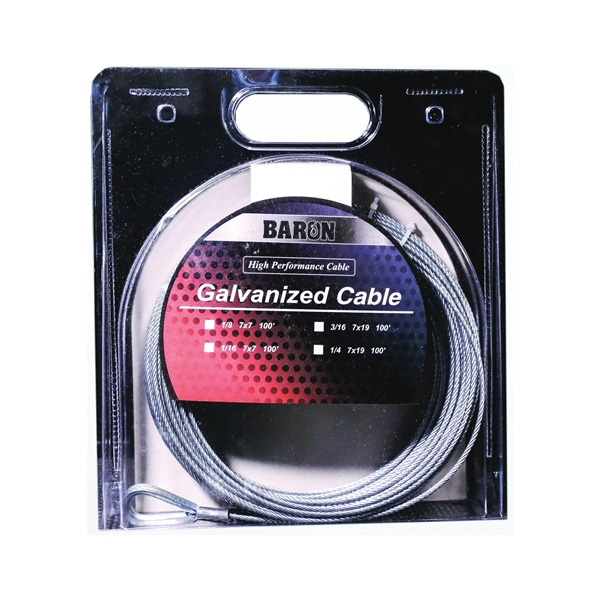 59005/50095 Aircraft Cable, 1/4 in Dia, 100 ft L, 1220 lb Working Load, Steel, Galvanized