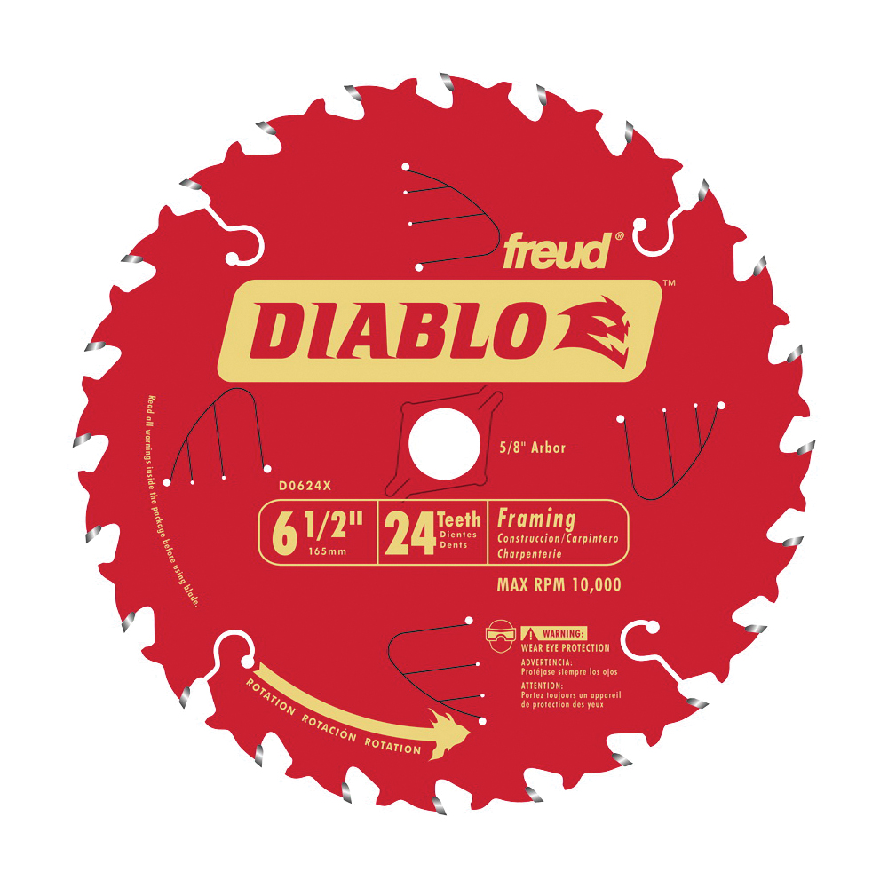 D0624X Circular Saw Blade, Wood, 6-1/2 in Dia, 5/8 in Arbor, 24-Teeth, Carbide Cutting Edge