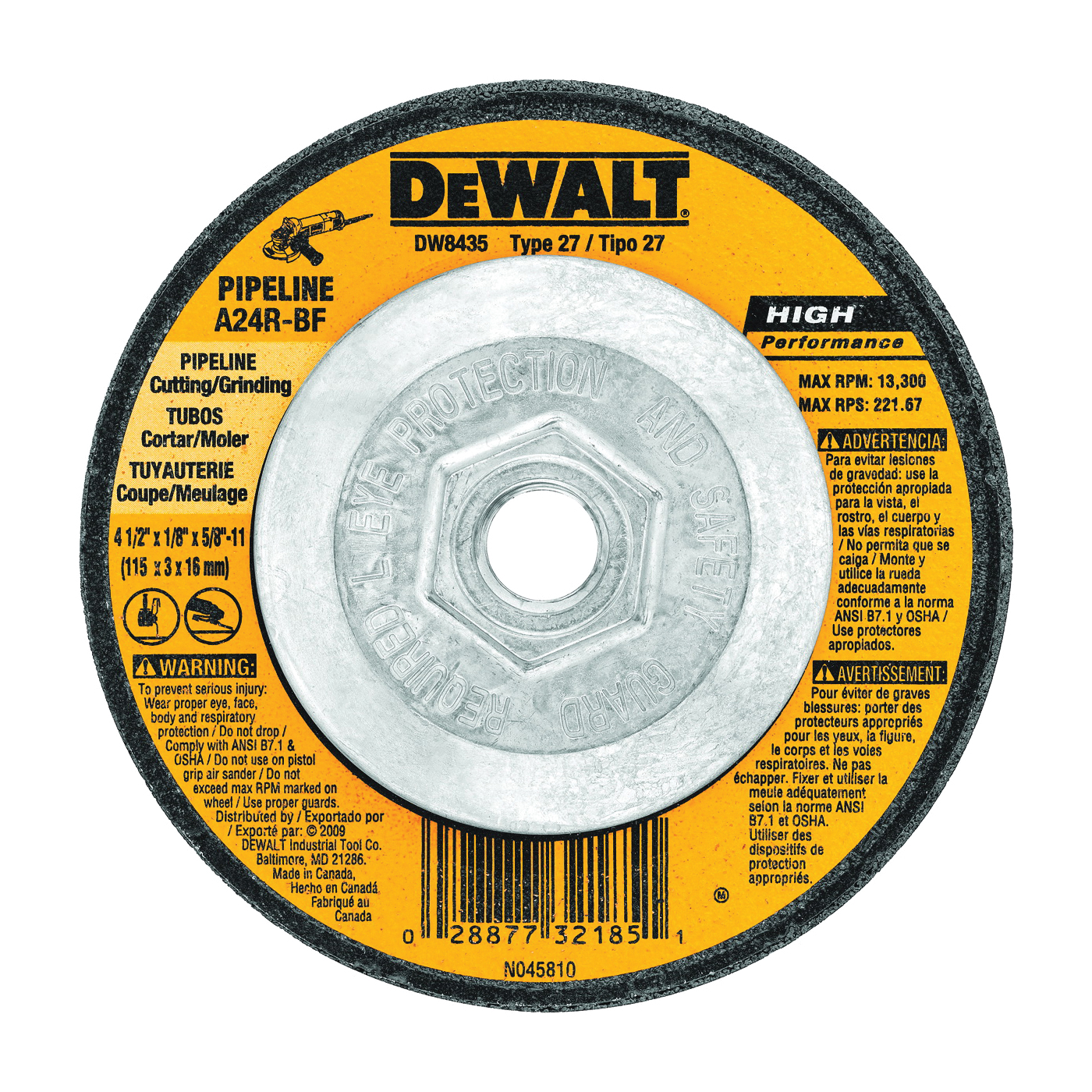 DW8435 Grinding Wheel, 4-1/2 in Dia, 1/8 in Thick, 5/8-11 Arbor, 24 Grit, Very Coarse, Aluminum Oxide Abrasive