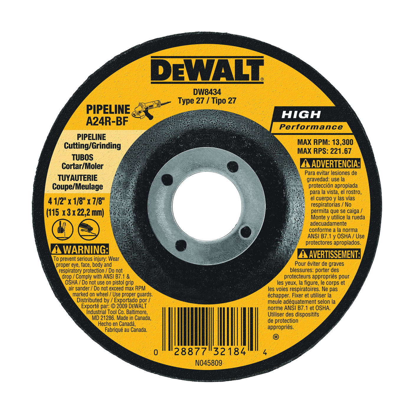 DW8434 Grinding Wheel, 4-1/2 in Dia, 1/8 in Thick, 5/8 in Arbor, 24 Grit, Very Coarse, Aluminum Oxide Abrasive