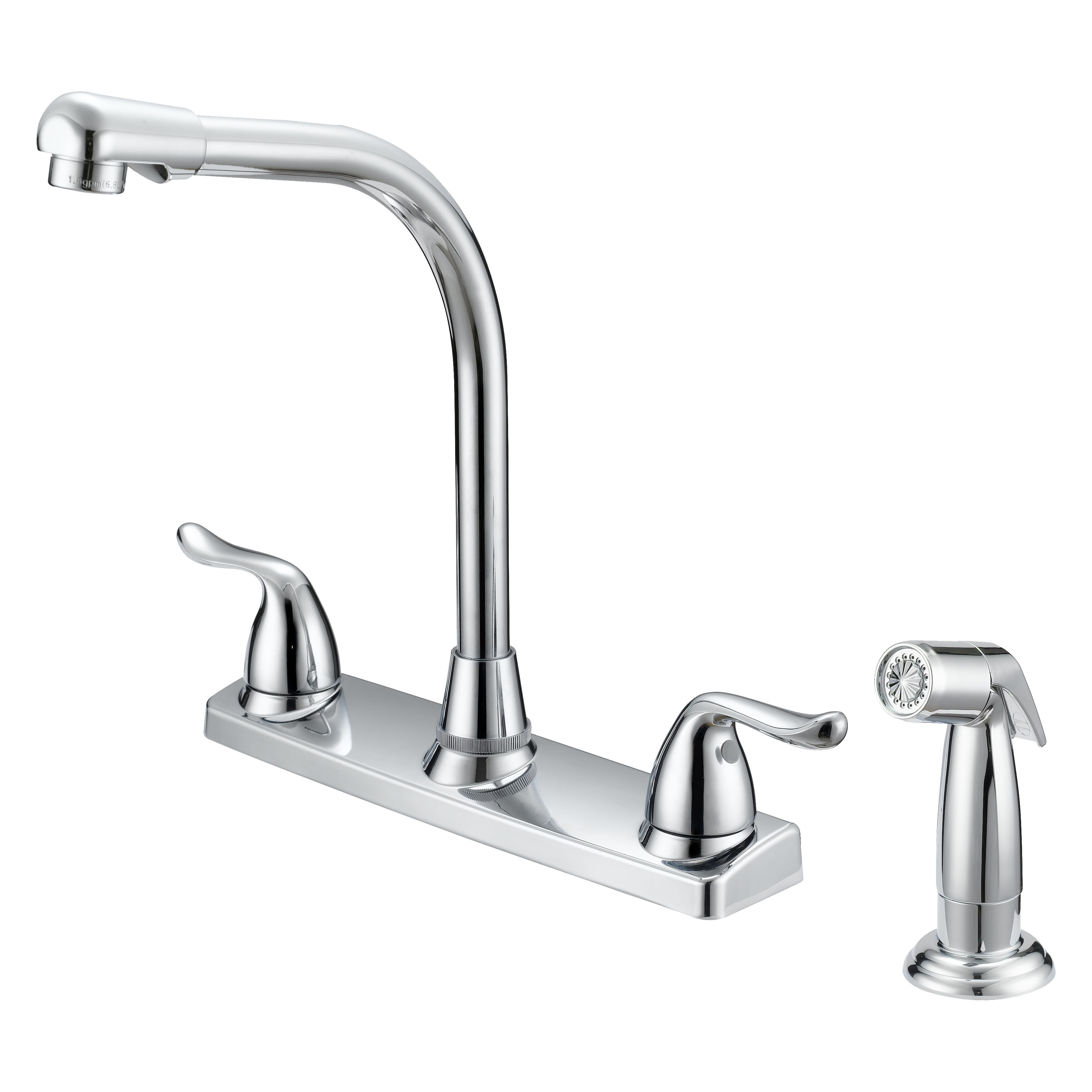 F8F10036CP Kitchen Faucet, 1.8 gpm, 2-Handle, 4-Faucet Hole, Metal/Plastic, Chrome, Deck, Lever Handle