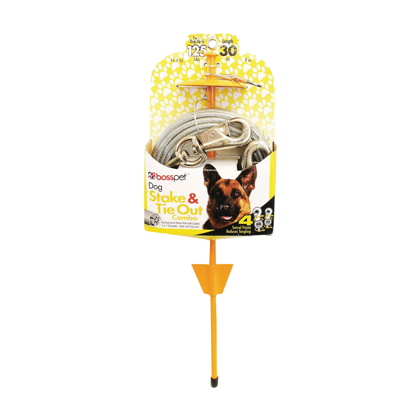 Boss Pet PDQ Q5730DOM99 Tie-Out/Dome Stake Combo, 30 ft L Belt/Cable, For: Dogs Up to 125 lb, Yellow