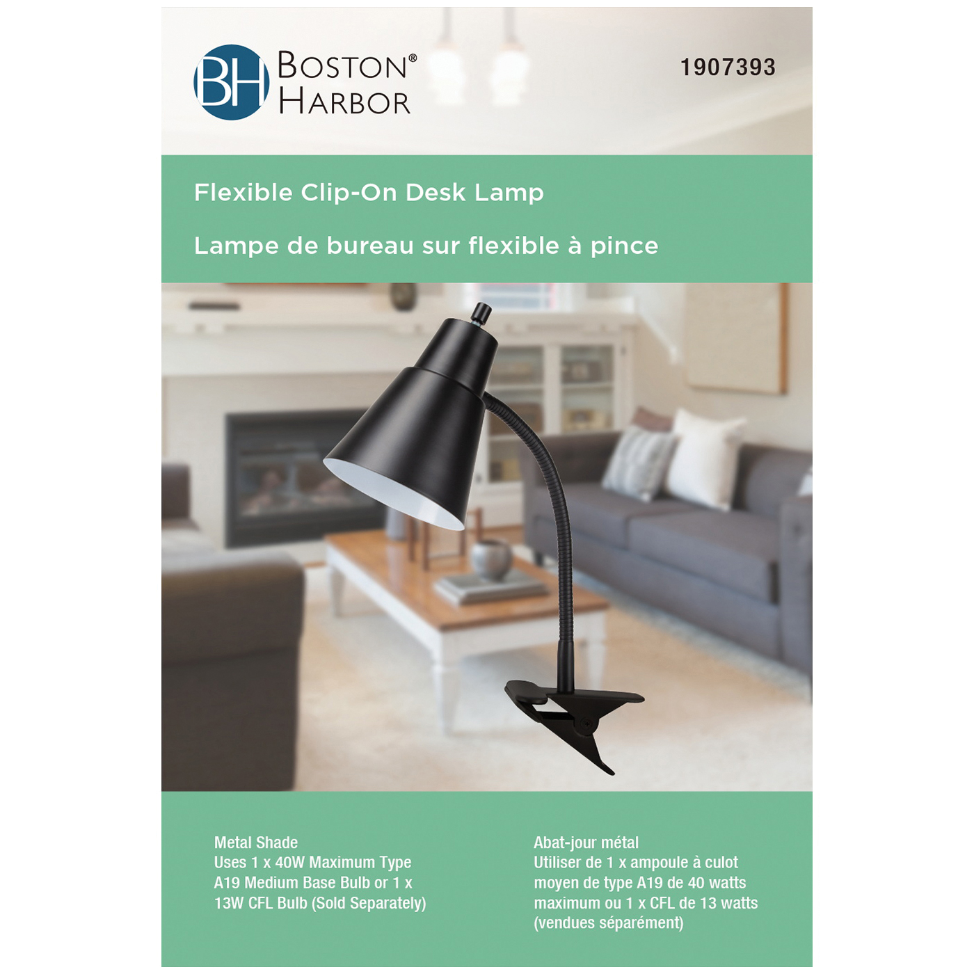 Boston Harbor TL-CL-170-BLACK3 Flexible Clip-On Desk Lamp, 120 V, 60 W, 1-Lamp, CFL Lamp, Black Fixture, Black - 3