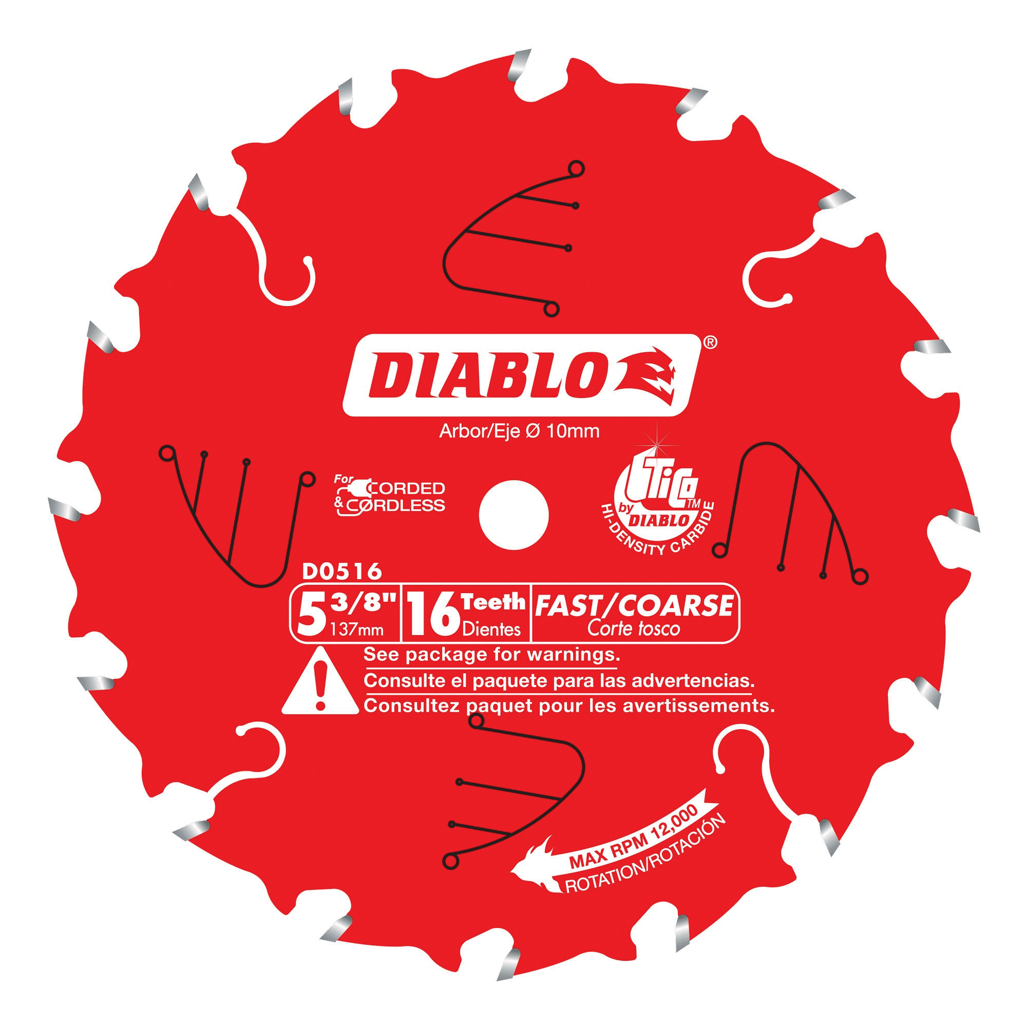 D0516X Circular Saw Blade, Wood, 5-3/8 in Dia, 0.393 in Arbor, 16-Teeth, Carbide Cutting Edge