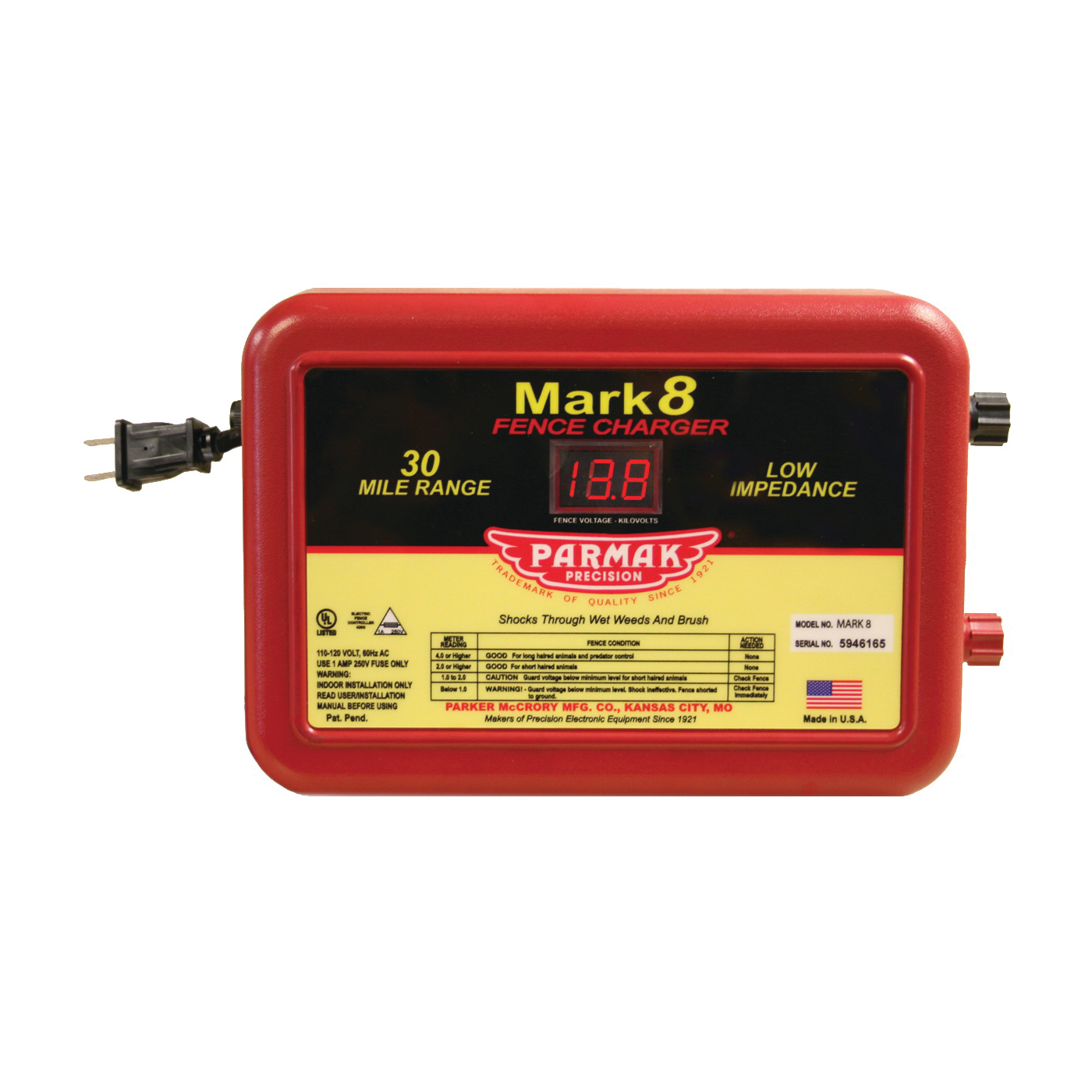 MARK 8/7 Electric Fence Charger, 1.1 to 4.9 J Output Energy, 110/120 V, 30 mile Fence Distance