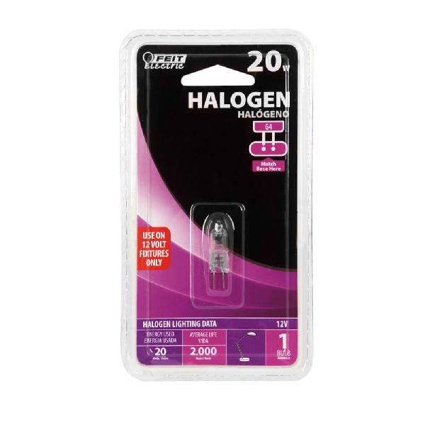 Feit Electric BPQ20T3/CAN Halogen Bulb, 20 W, G4 Lamp Base, JC T3 Lamp, 3000 K Color Temp, 2000 hr Average Life - 2