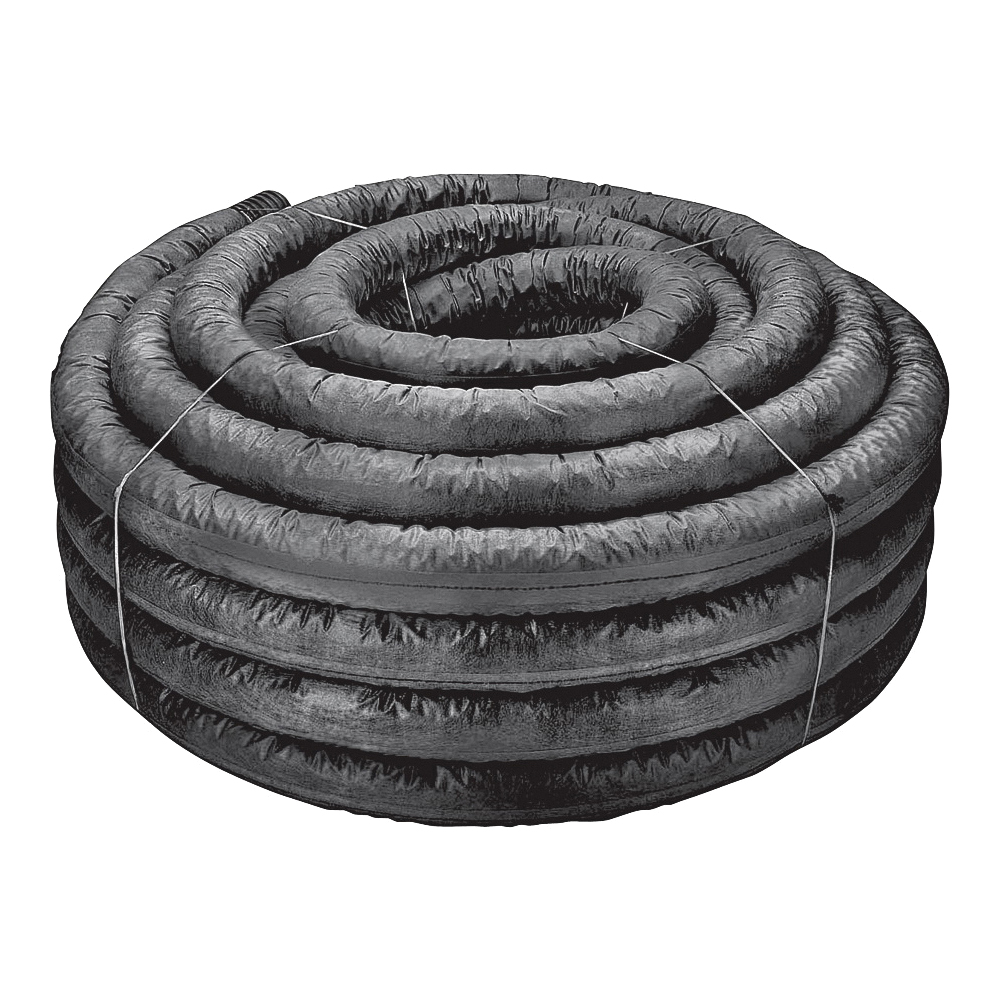 04730100BS Single-Wall Drain Pipe Tubing, 4 in D, 100 ft L, Perforated with Sock, HDPE, Black