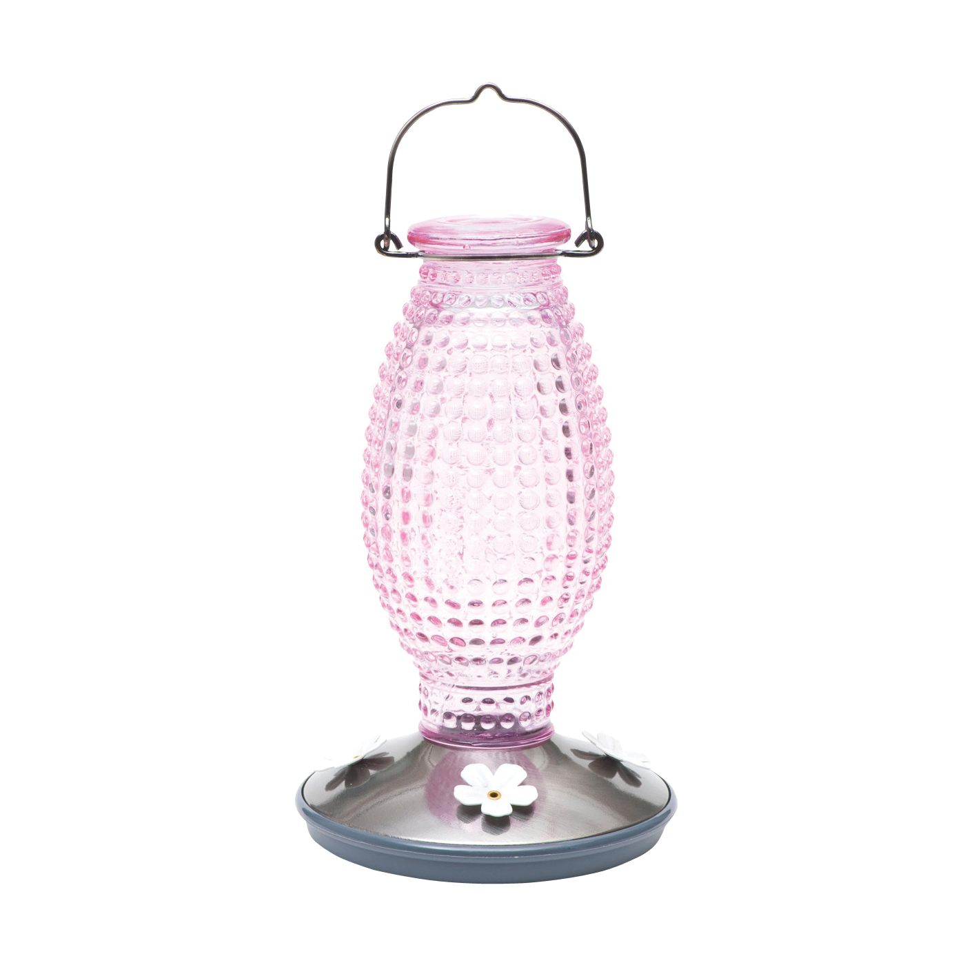 8131-2 Bird Feeder, Hobnail Vintage, Nectar, 16 oz, 4-Port/Perch, Glass, Pale Cranberry, 10-1/4 in H, 5-1/2 in L, 5-1/2 in W