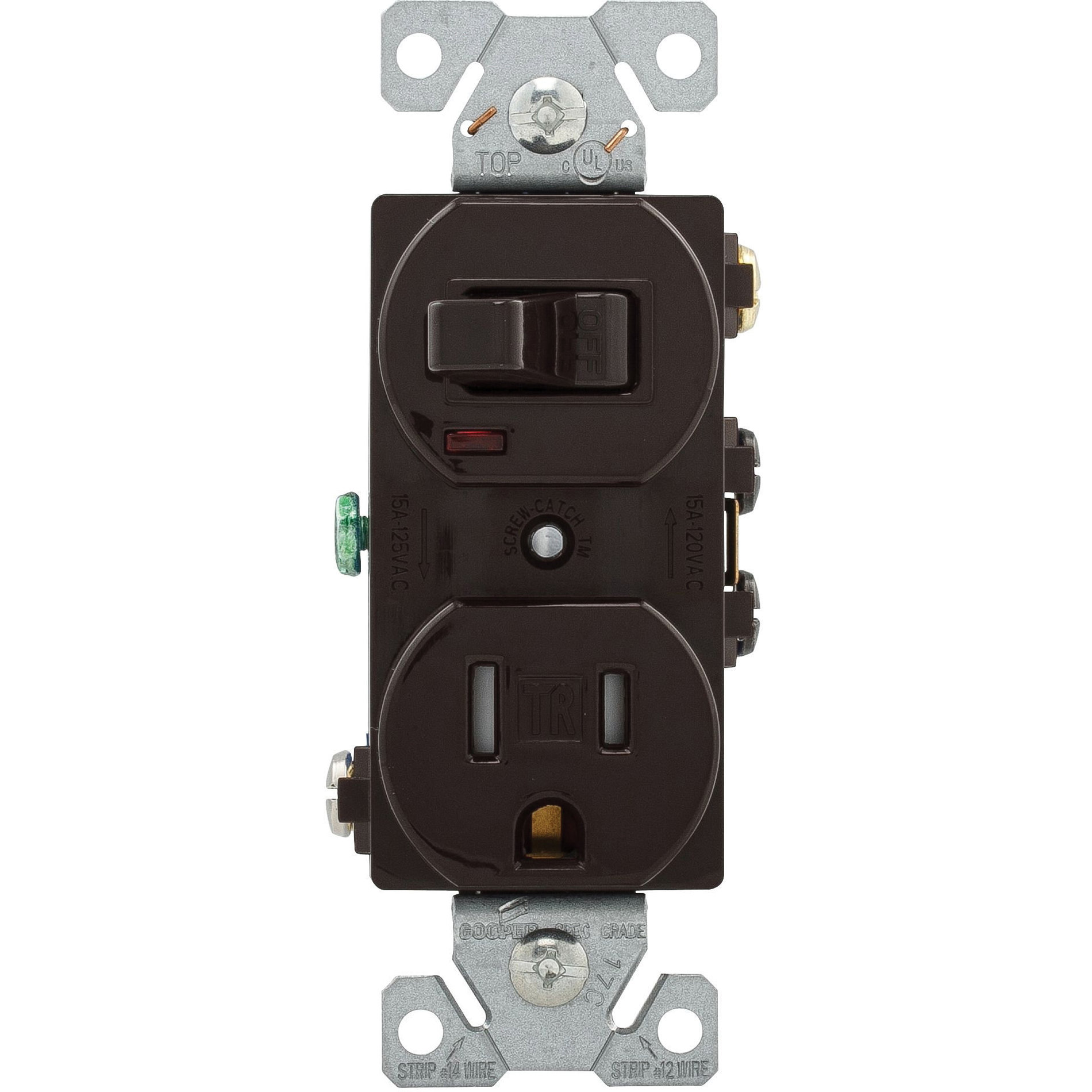 TR274B Combination Switch/Receptacle, 2-Pole, 15 A, 120/125 V, 5-15R Socket, NEMA: NEMA 5-15R, Brown