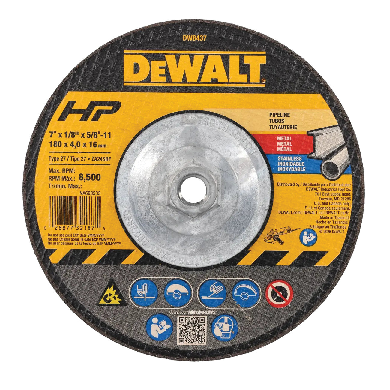 HP DW8437 Grinding Wheel, 7 in Dia, 1/8 in Thick, 5/8-11 Arbor, 24 Grit, Very Coarse, Aluminum Oxide Abrasive