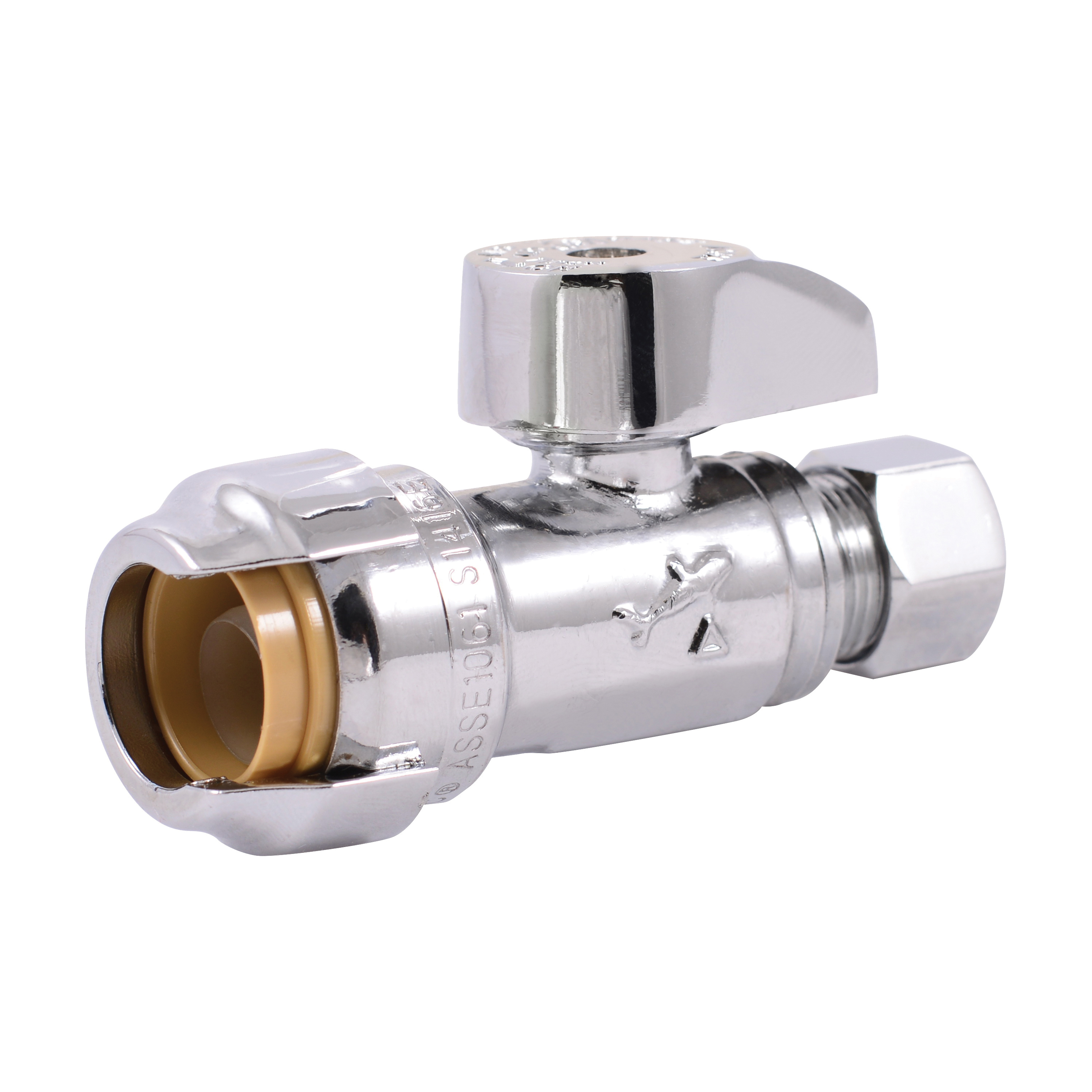 23037-0000LF Stop Valve, 1/2 x 3/8 in Connection, Compression, 200 psi Pressure, Brass Body, Chrome