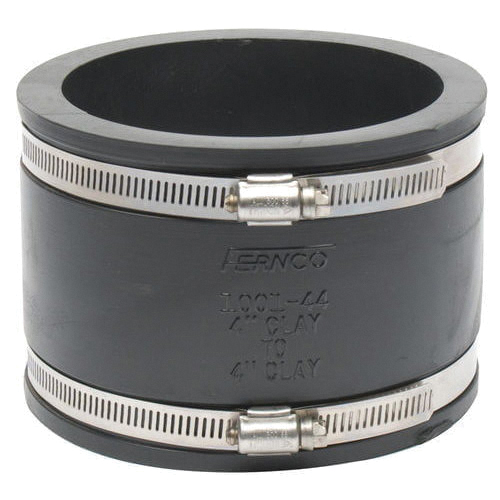 P1001-44 Flexible Coupling, 4 x 4 in, Clay x Clay, Rubber/Stainless Steel, Black, SCH 40 Schedule, 4.3 psi Pressure