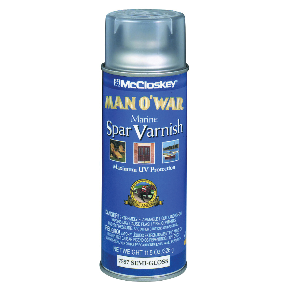 McCloskey Man O' War 7557 Marine Spar Varnish, Semi-Gloss, Clear, Liquid, 12 oz, Aerosol Can