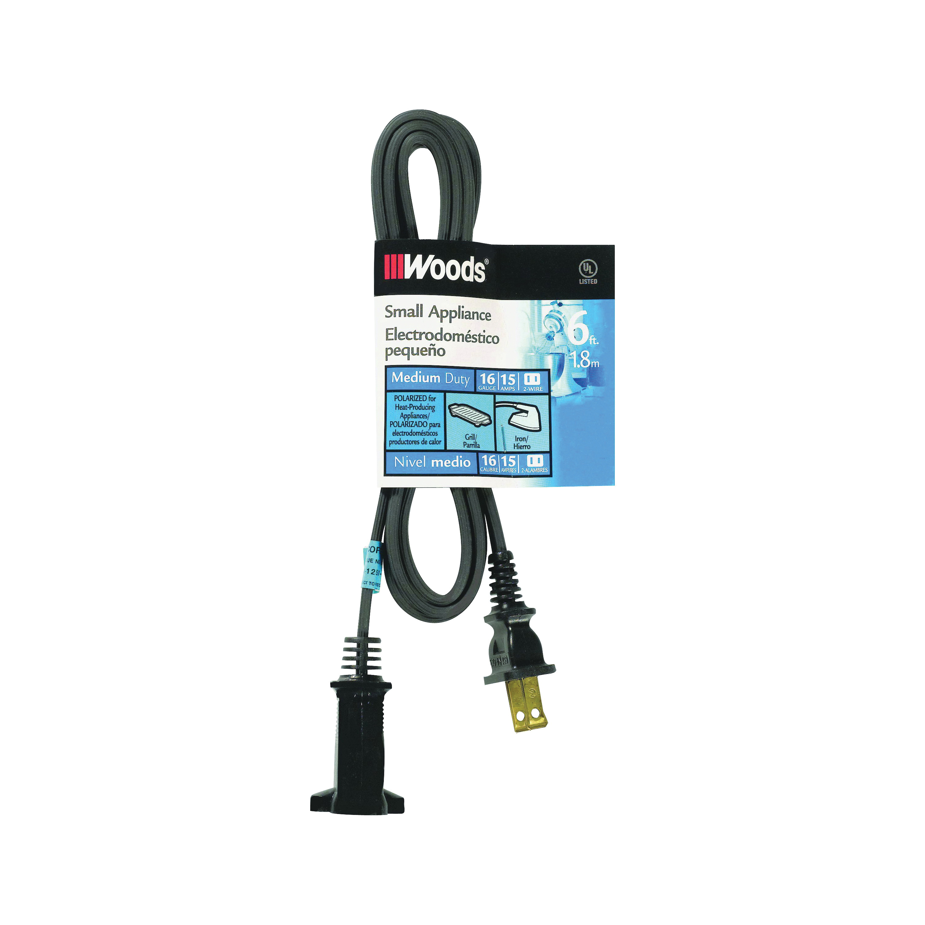 0292 Extension Cord, 6 ft L, 15 A, 125 V, Black