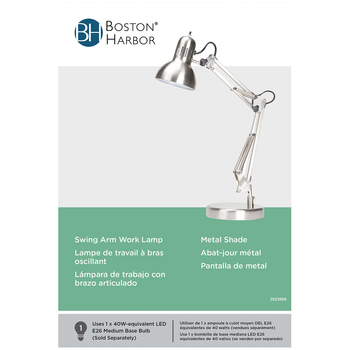 Boston Harbor WK-618E-3L Swing Arm Work Lamp, 120 V, 60 W, 1-Lamp, A19 or CFL Lamp, Brushed Nickel Finish - 2