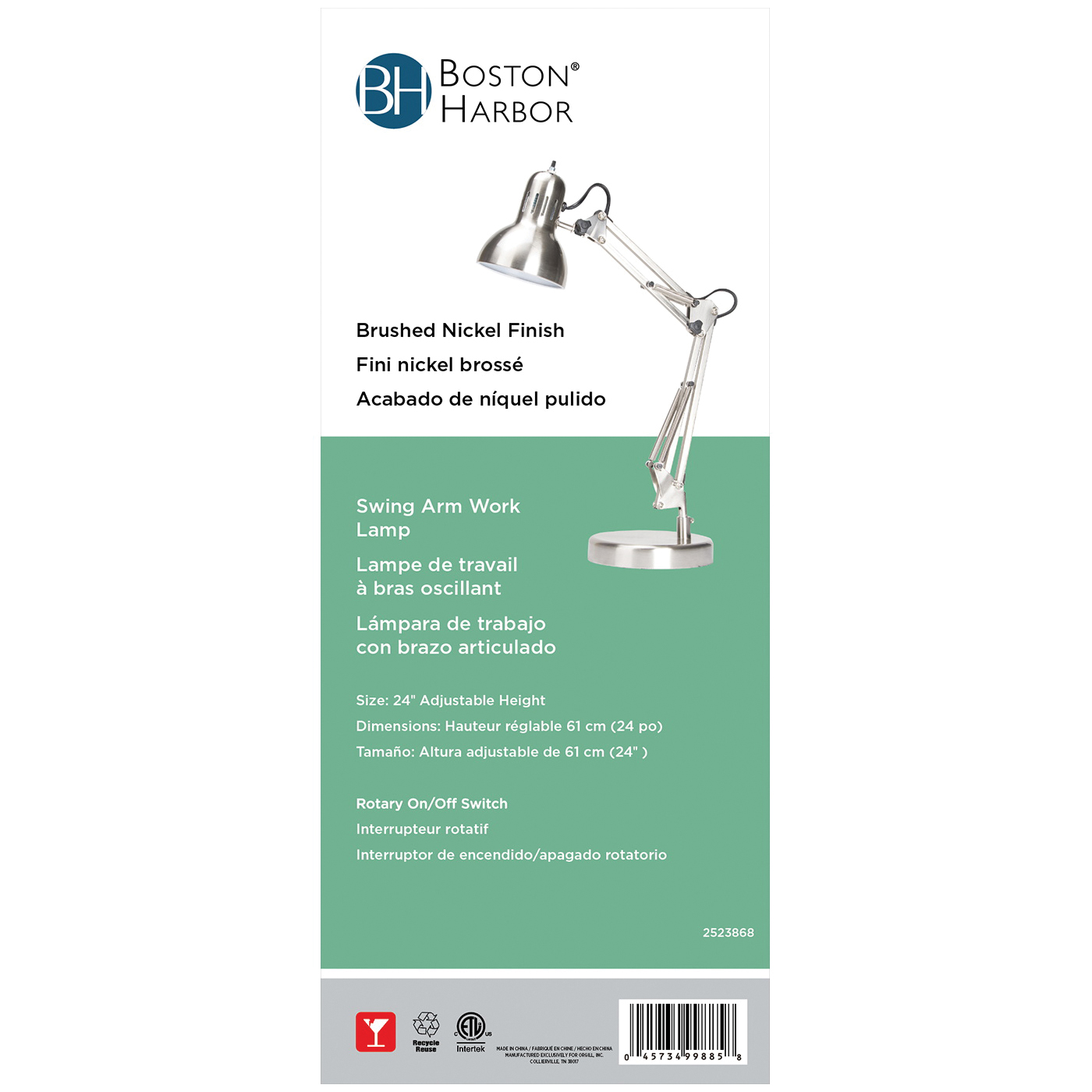Boston Harbor WK-618E-3L Swing Arm Work Lamp, 120 V, 60 W, 1-Lamp, A19 or CFL Lamp, Brushed Nickel Finish - 3