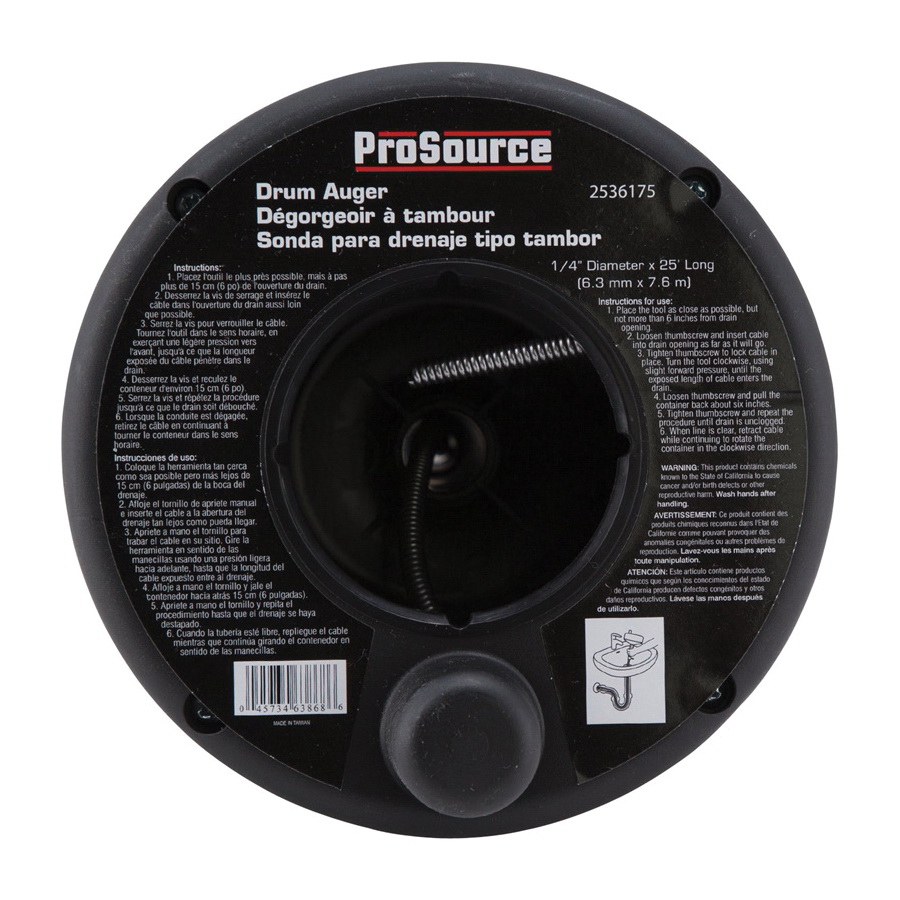 Prosource DA00003-25 Drum Auger, 1/4 in Dia Cable, 25 ft L Cable - 1