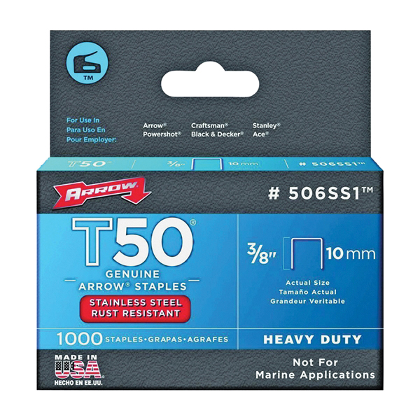 T50 Series 506SS1 Staple, 3/8 in W Crown, 3/8 in L Leg, Steel