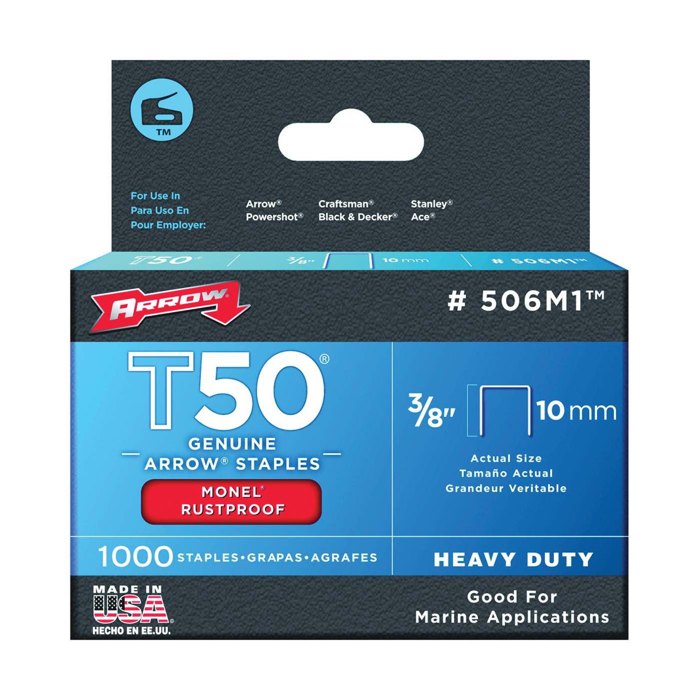 506M1 Staple, T50 Staple, 3/8 in W Crown, 3/8 in L Leg, Monel Staple