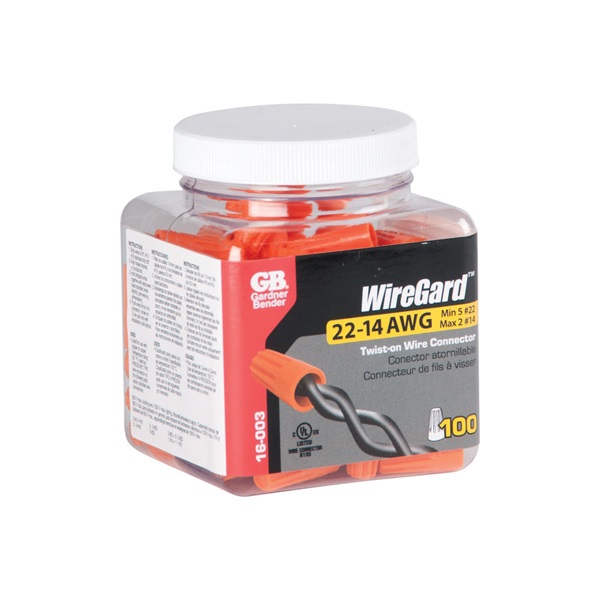 Gardner Bender WireGard GB-3 16-003 Wire Connector, 22 to 14 AWG Wire, Steel Contact, Polypropylene Housing Material, Orange - 3
