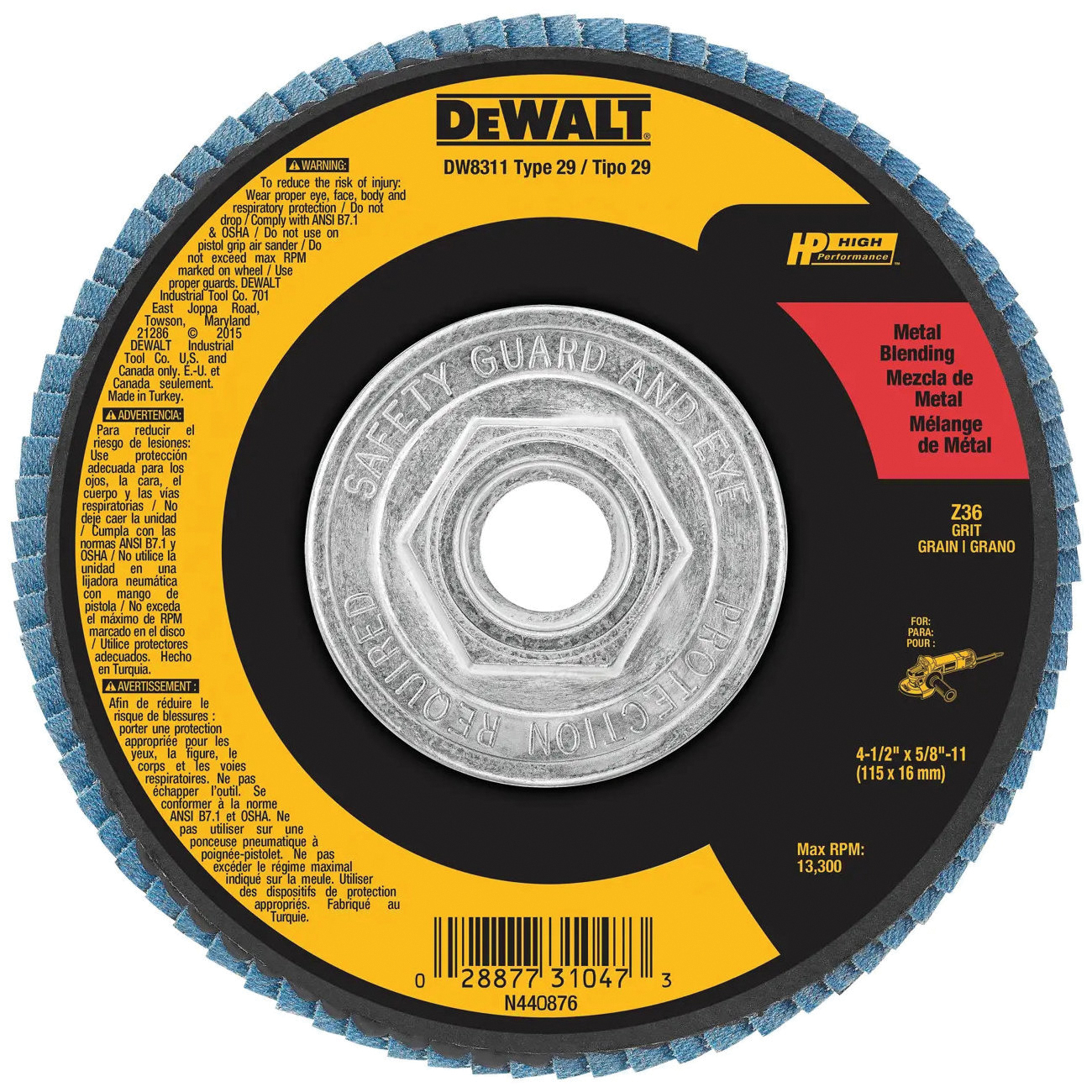 HP DW8311 Flap Disc, 4-1/2 in Dia, 5/8-11 Arbor, 40 Grit, Coarse, Zirconia Abrasive, Fiberglass Backing