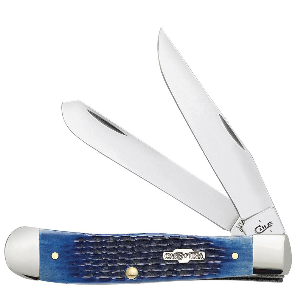 Case 02800 Folding Pocket Knife, 3-1/4 in Clip, 3.27 in Spey L Blade, Stainless Steel Blade, 2-Blade, Genuine Bone Handle, Blue Handle