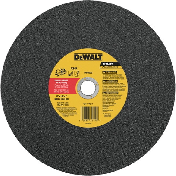 DEWALT HP Series DW8022 Cutting Wheel, 12 in Dia, 1/8 in Thick, 1 in Arbor, 24 Grit, Aluminum Oxide Abrasive