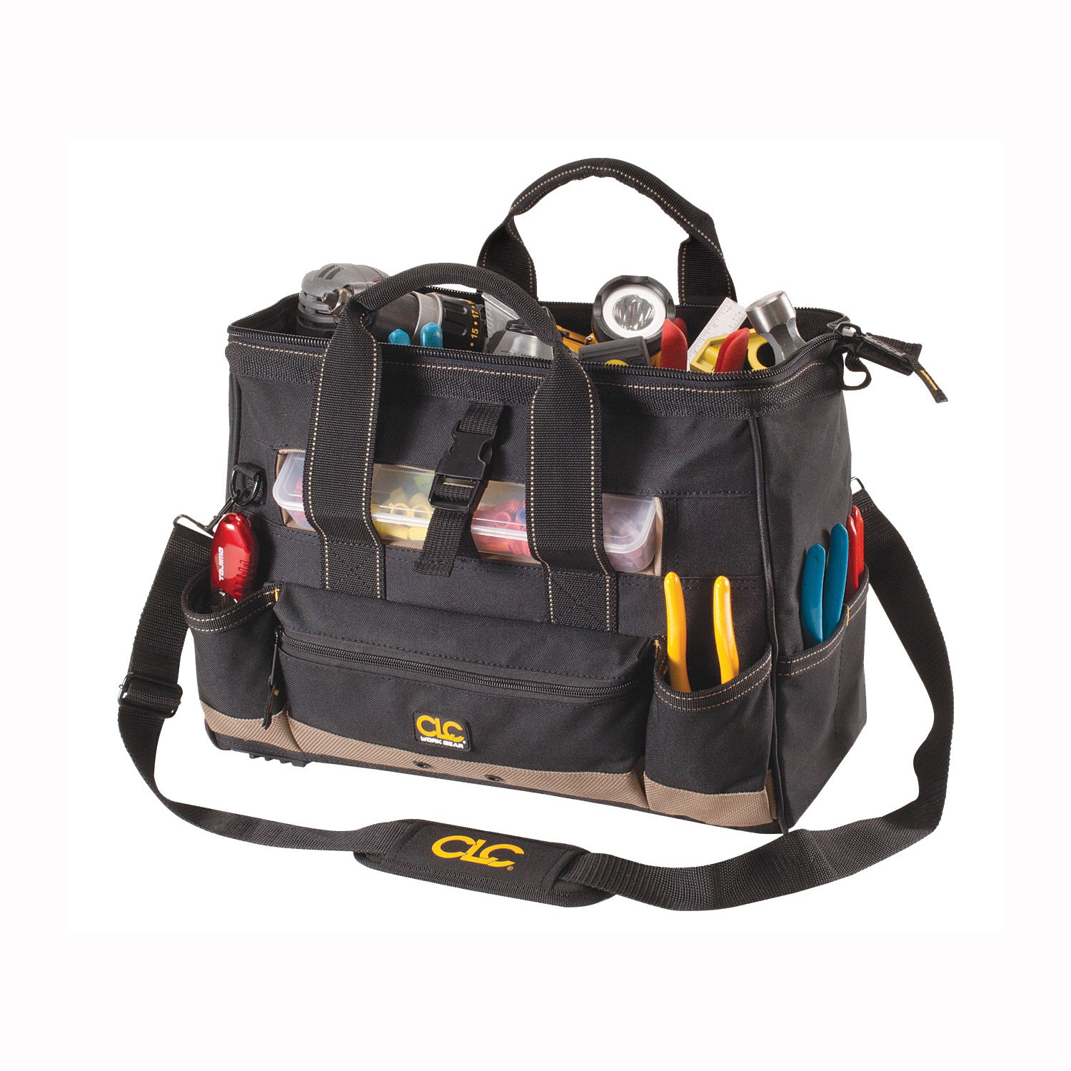 TOOL WORKS 1534 Tool Bag with Top-Side Plastic Parts Tray, 8 in W, 11 in D, 16 in H, 25-Pocket, Polyester, Yellow