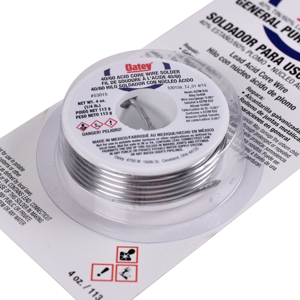 Oatey 53015 Acid Core Wire Solder, 1/4 lb Carded, Solid, Silver, 360 to 460 deg F Melting Point - 2