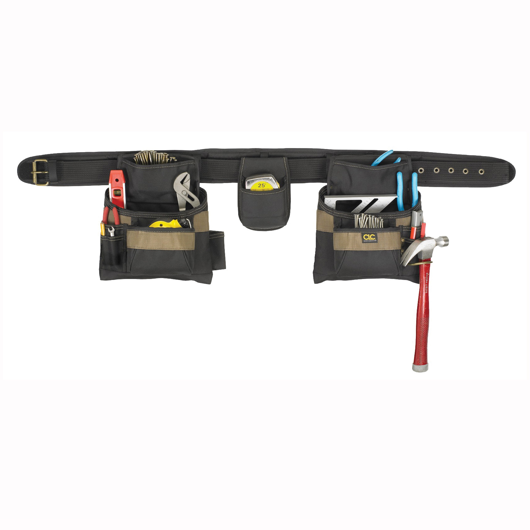 TOOL WORKS 1604 4-Piece Carpenter's Combo Tool Belt, 29 to 46 in Waist, Polyester, Black/Khaki, 16-Pocket