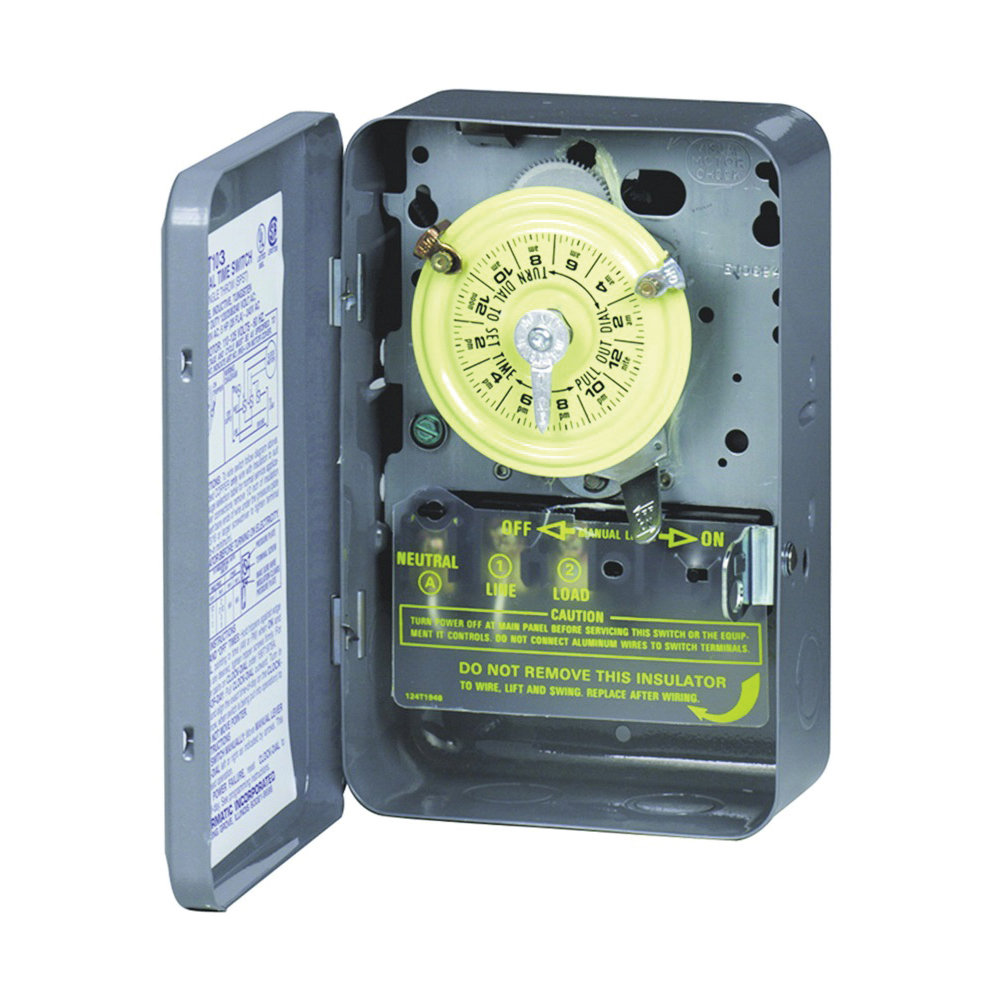 T103 Mechanical Timer Switch, 40 A, 120 V, 3 W, 24 hr Time Setting, 12 On/Off Cycles Per Day Cycle, Gray