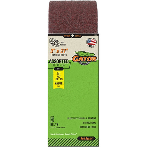 Red Resin 7020 Sanding Belt, 3 in W, 21 in L, 80, 120, 150 Grit, Aluminum Oxide Abrasive