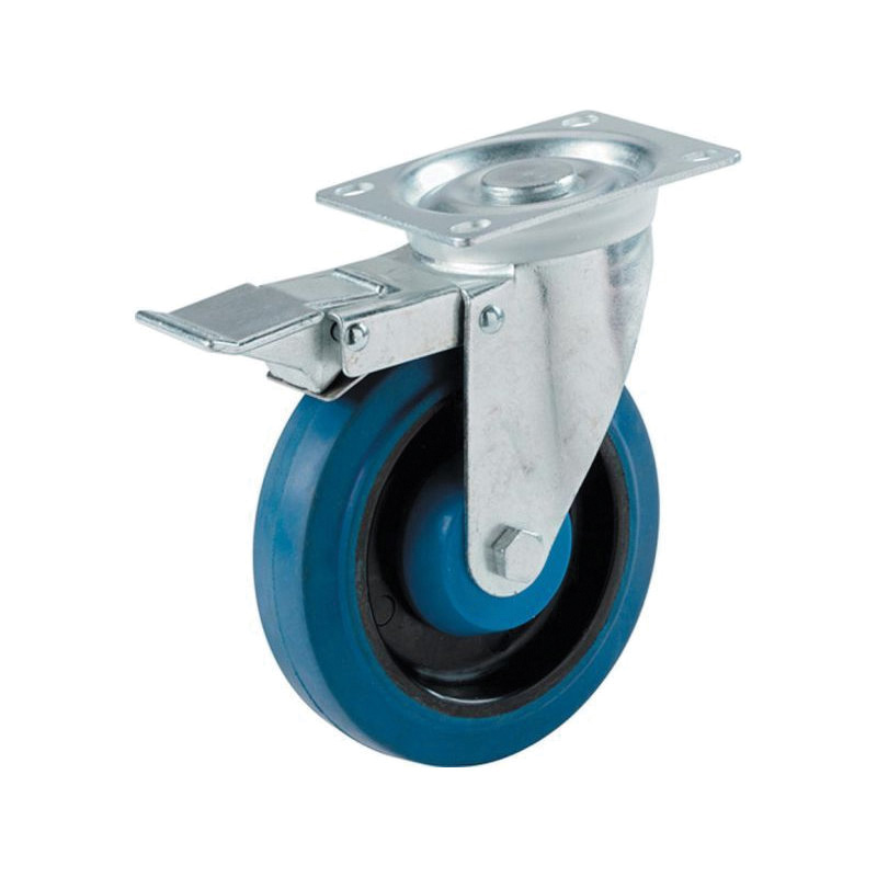 9262 Swivel Caster with Brake, 4 in Dia Wheel, 1 in W Wheel, Rubber Wheel, Blue, 265 lb