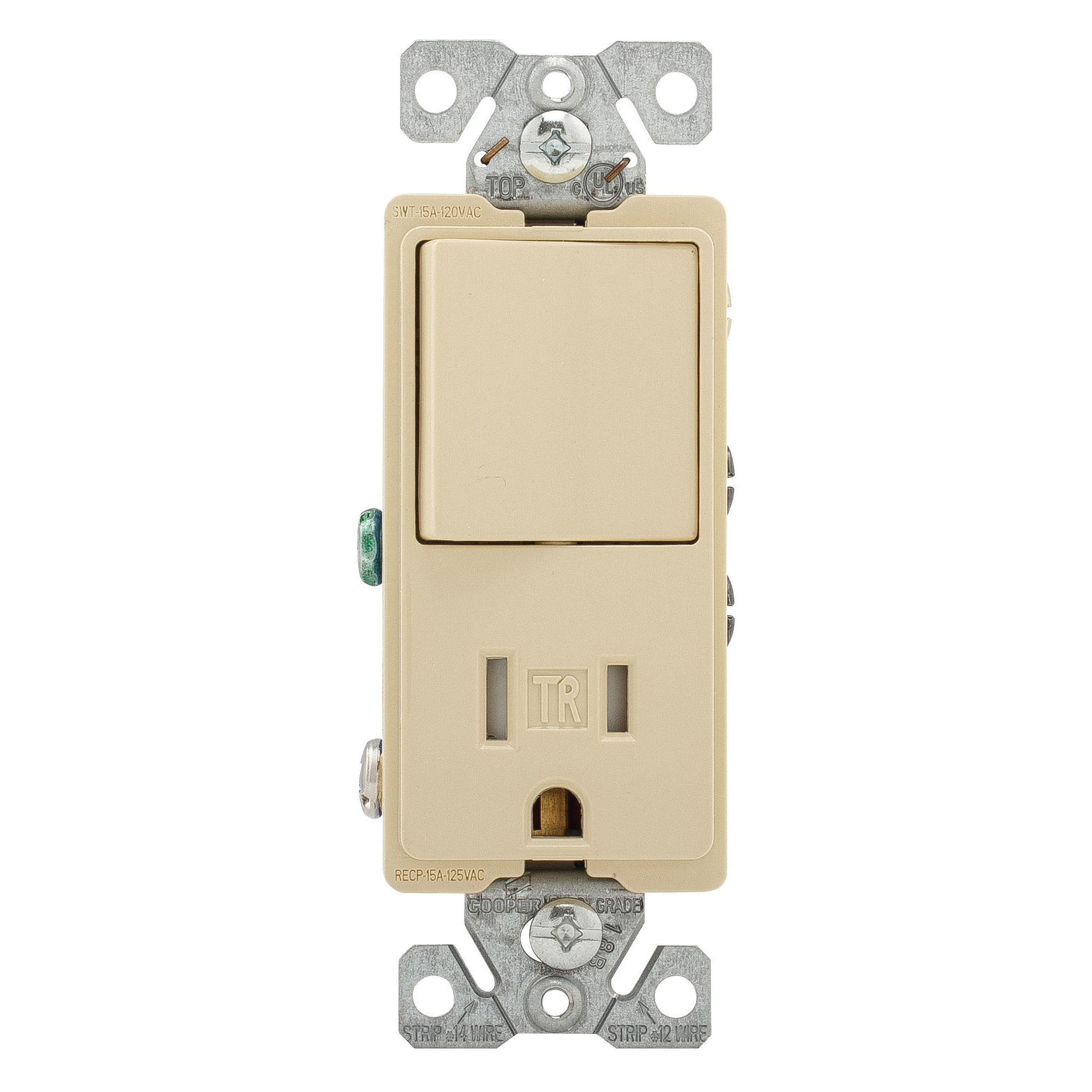TR7730V Combination Switch/Receptacle, 1-Pole, 15 A, 120/277 V, 5-15R Socket, NEMA: NEMA 5-15R, Ivory