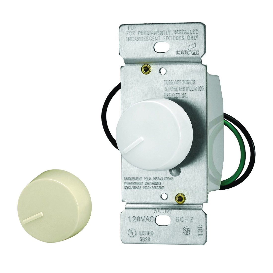 RI061-VW-K2 Rotary Dimmer, 120 V, 600 W, Halogen, Incandescent Lamp, Ivory/White